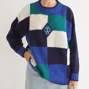 Vintage Lady Plus Blue Green Colorblock Geometric Crewneck Knit Sweater XL